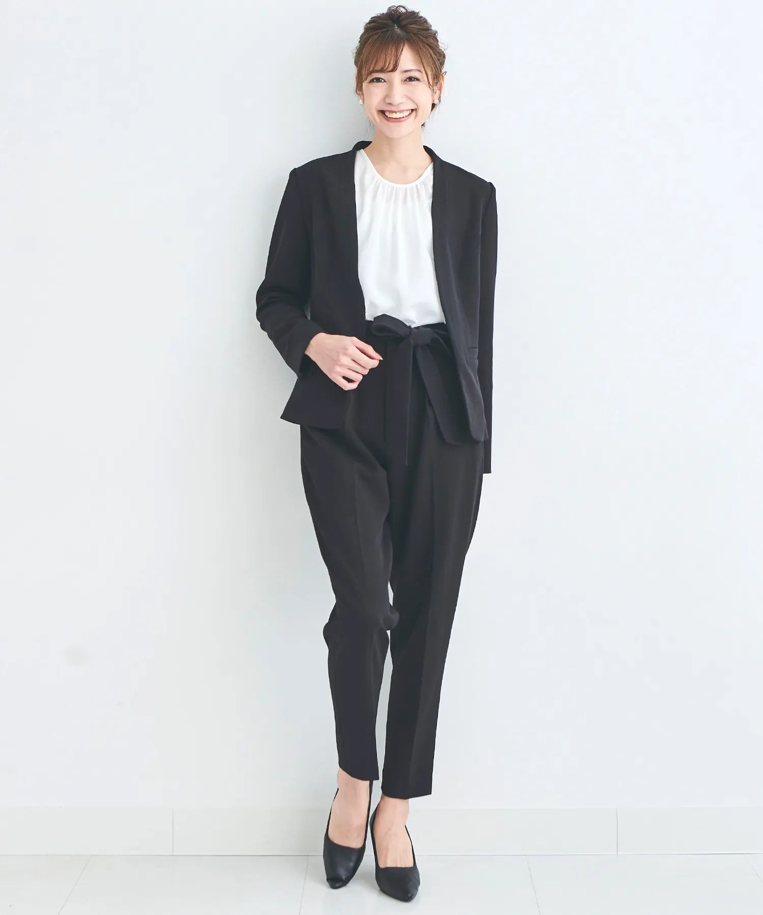 ノーカラージャケット・リボンベルトパンツ 3点セット