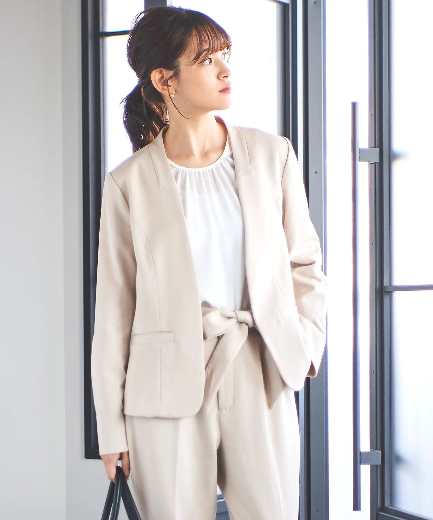 ノーカラージャケット・リボンベルトパンツ 3点セット