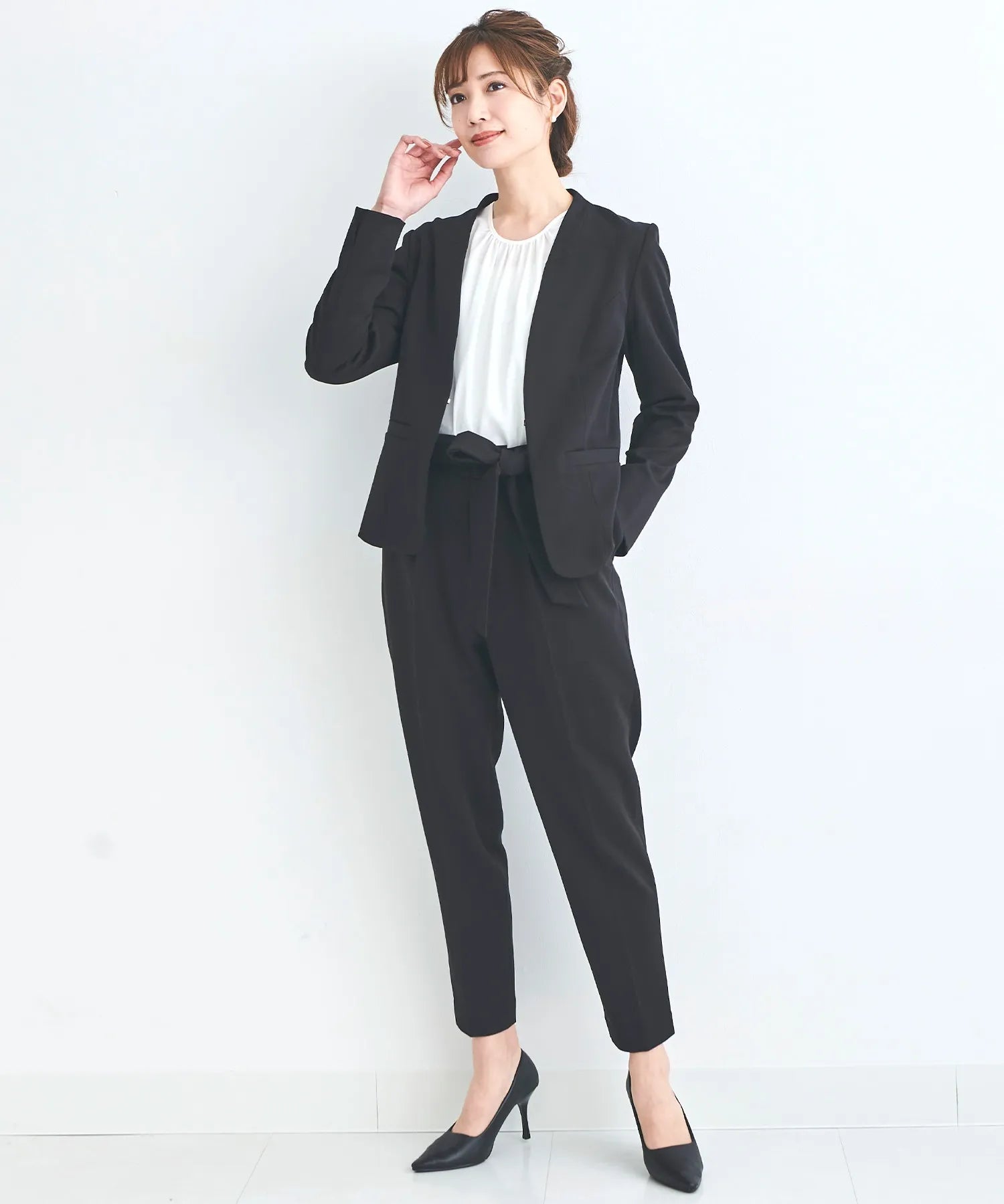 ノーカラージャケット・リボンベルトパンツ 3点セット