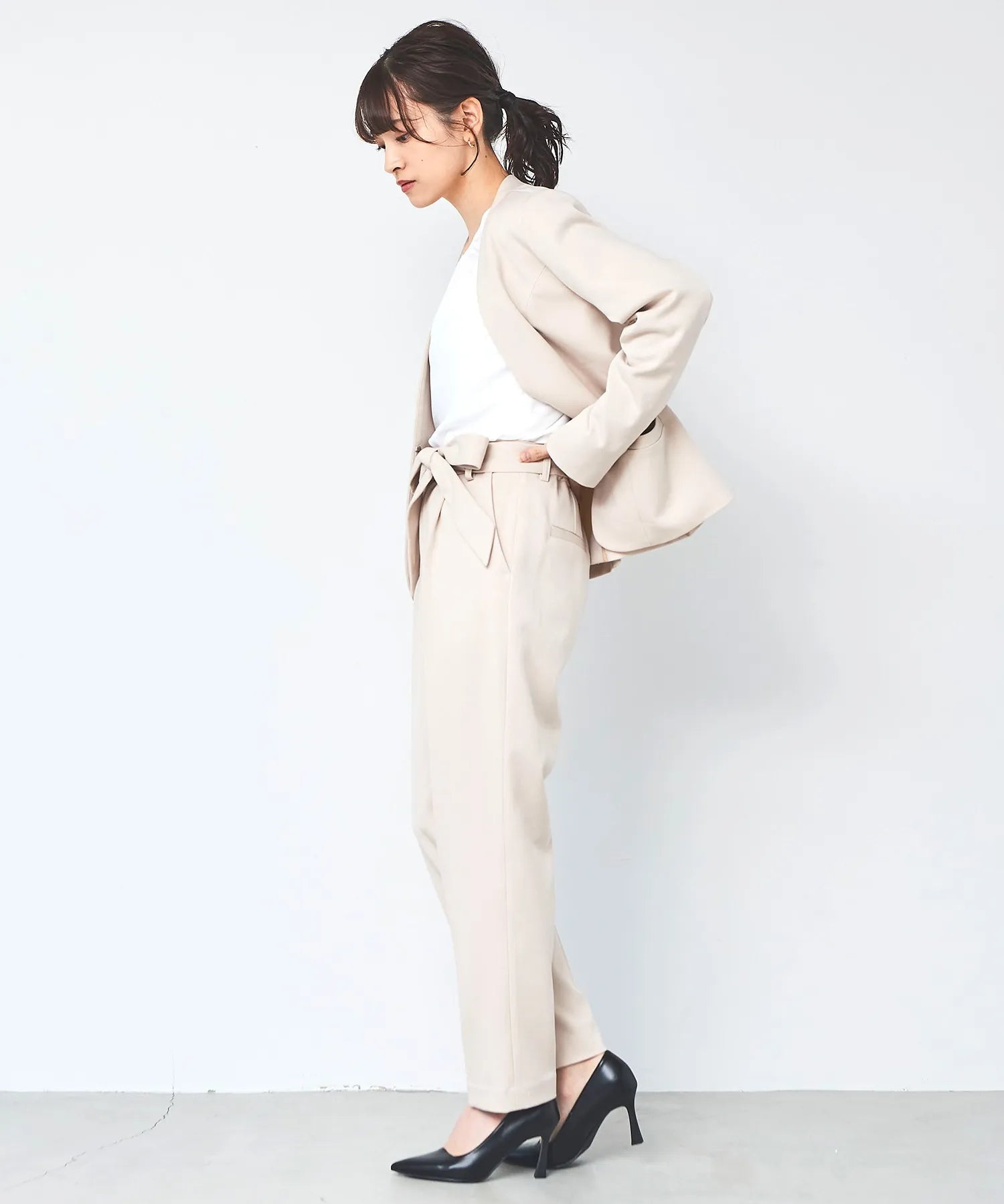 ノーカラージャケット・リボンベルトパンツ 3点セット