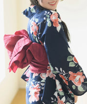 夕涼浴衣 藍夜の紅椿 二部式3点セット(上衣・下衣・兵児帯)