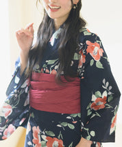 夕涼浴衣 藍夜の紅椿 二部式3点セット(上衣・下衣・兵児帯)