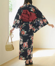 夕涼浴衣 藍夜の紅椿 二部式3点セット(上衣・下衣・兵児帯)