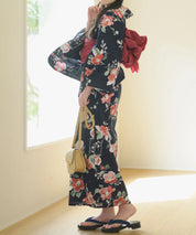 夕涼浴衣 藍夜の紅椿 二部式3点セット(上衣・下衣・兵児帯)