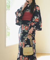 夕涼浴衣 藍夜の紅椿 二部式3点セット(上衣・下衣・兵児帯)