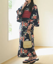 夕涼浴衣 藍夜の紅椿 二部式3点セット(上衣・下衣・兵児帯)