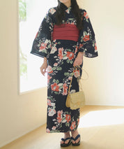 夕涼浴衣 藍夜の紅椿 二部式3点セット(上衣・下衣・兵児帯)