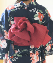 夕涼浴衣 藍夜の紅椿 二部式3点セット(上衣・下衣・兵児帯)