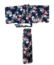 夕涼浴衣 藍夜の紅椿 二部式3点セット(上衣・下衣・兵児帯)