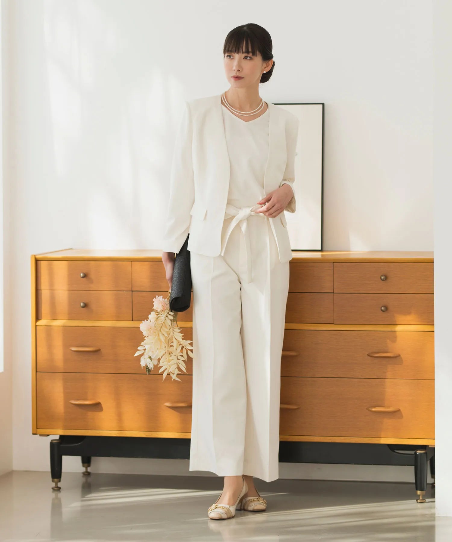 【3WAY/洗える/セレモニースーツ/セットアップ】半袖トップス付ノーカラージャケット・アンクル丈ストレートパンツ 3点セット