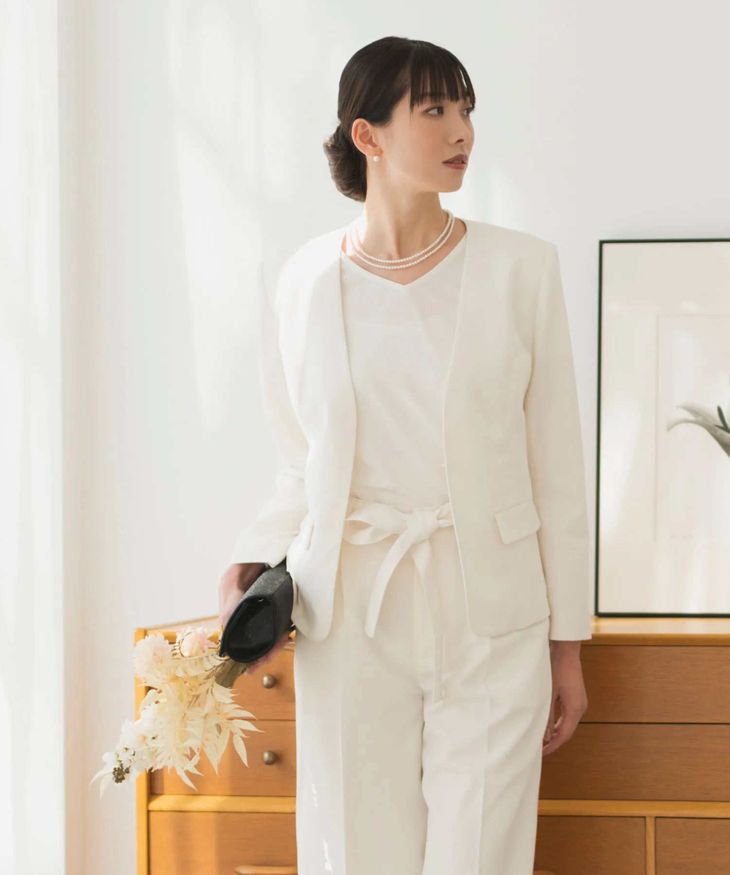【3WAY/洗える/セレモニースーツ/セットアップ】半袖トップス付ノーカラージャケット・アンクル丈ストレートパンツ 3点セット