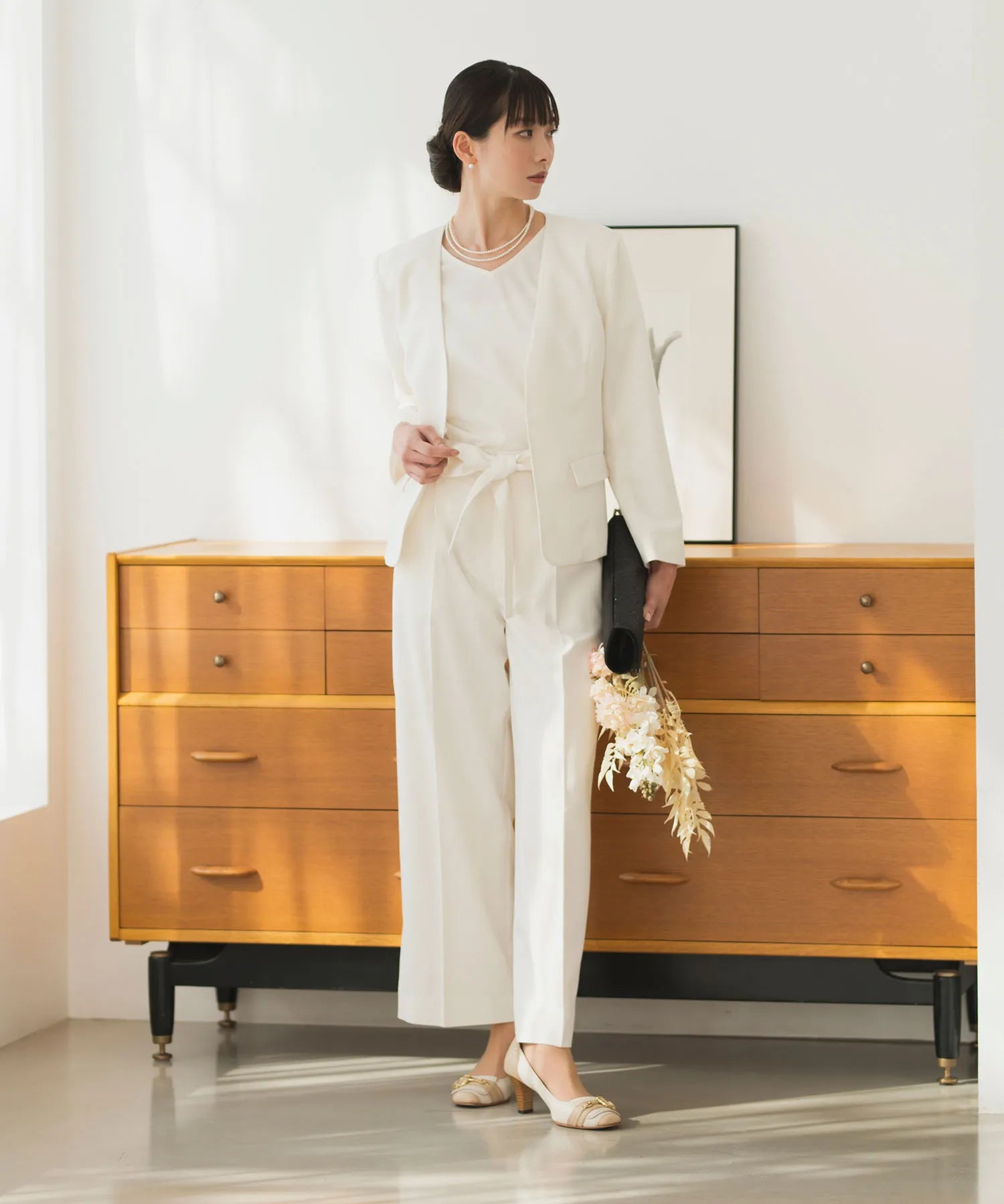 【3WAY/洗える/セレモニースーツ/セットアップ】半袖トップス付ノーカラージャケット・アンクル丈ストレートパンツ 3点セット