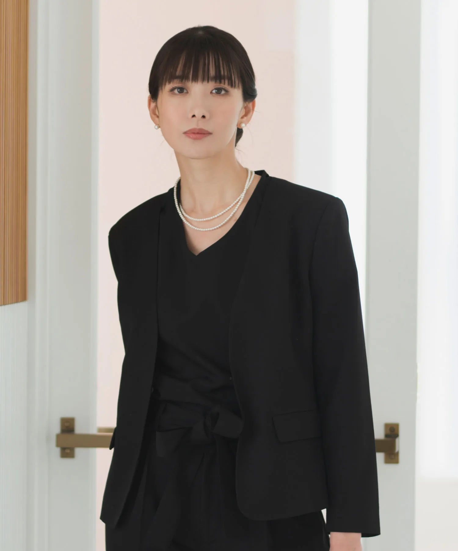 【3WAY/洗える/セレモニースーツ/セットアップ】半袖トップス付ノーカラージャケット・アンクル丈ストレートパンツ 3点セット