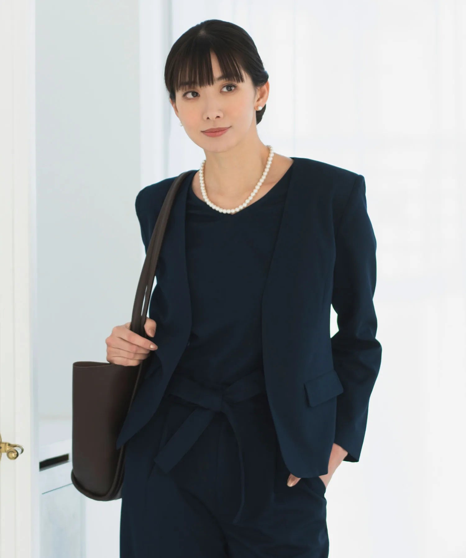 【3WAY/洗える/セレモニースーツ/セットアップ】半袖トップス付ノーカラージャケット・アンクル丈ストレートパンツ 3点セット