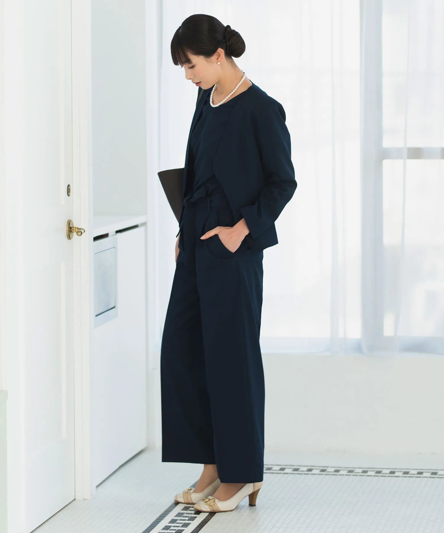 【3WAY/洗える/セレモニースーツ/セットアップ】半袖トップス付ノーカラージャケット・アンクル丈ストレートパンツ 3点セット