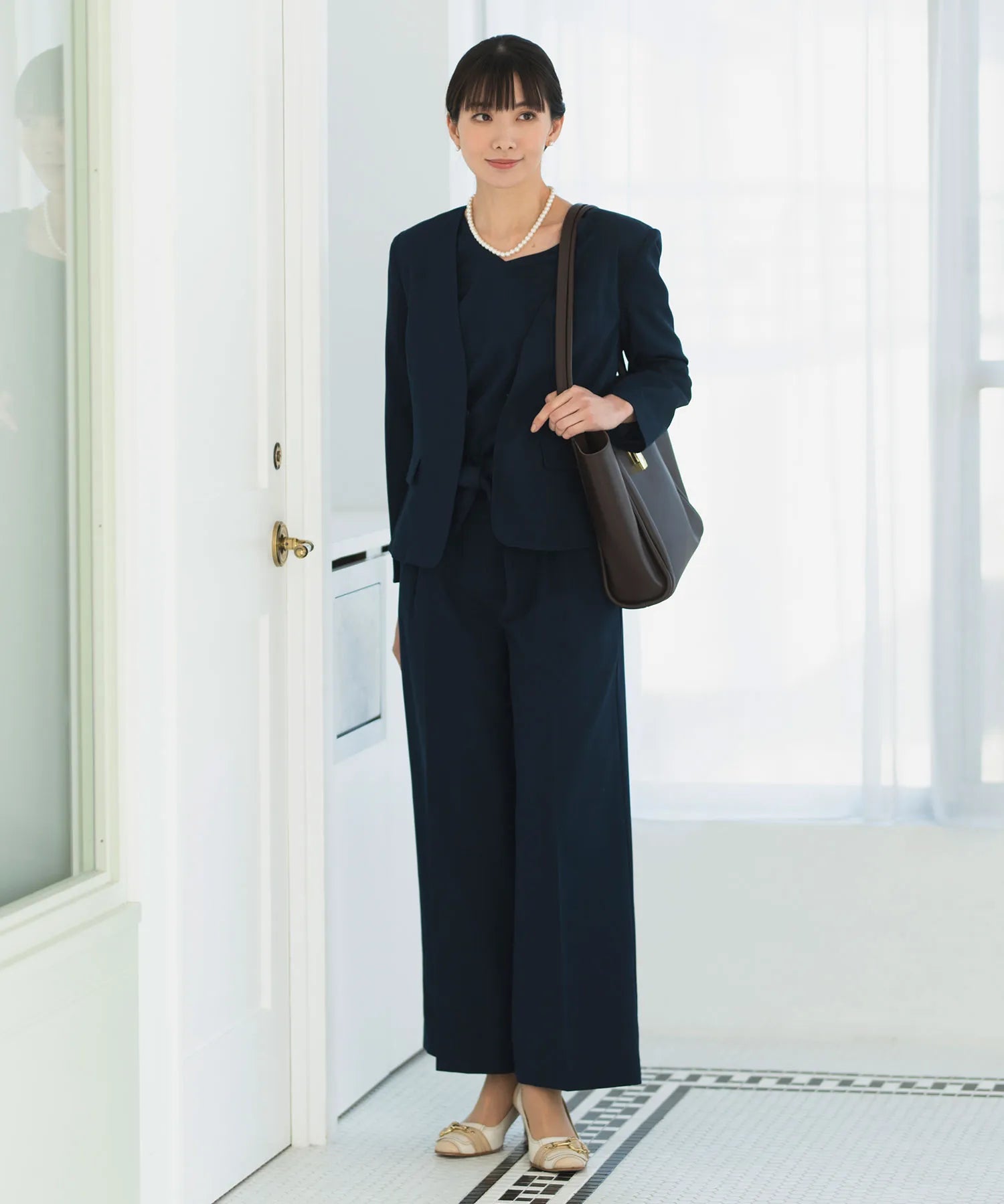 【3WAY/洗える/セレモニースーツ/セットアップ】半袖トップス付ノーカラージャケット・アンクル丈ストレートパンツ 3点セット
