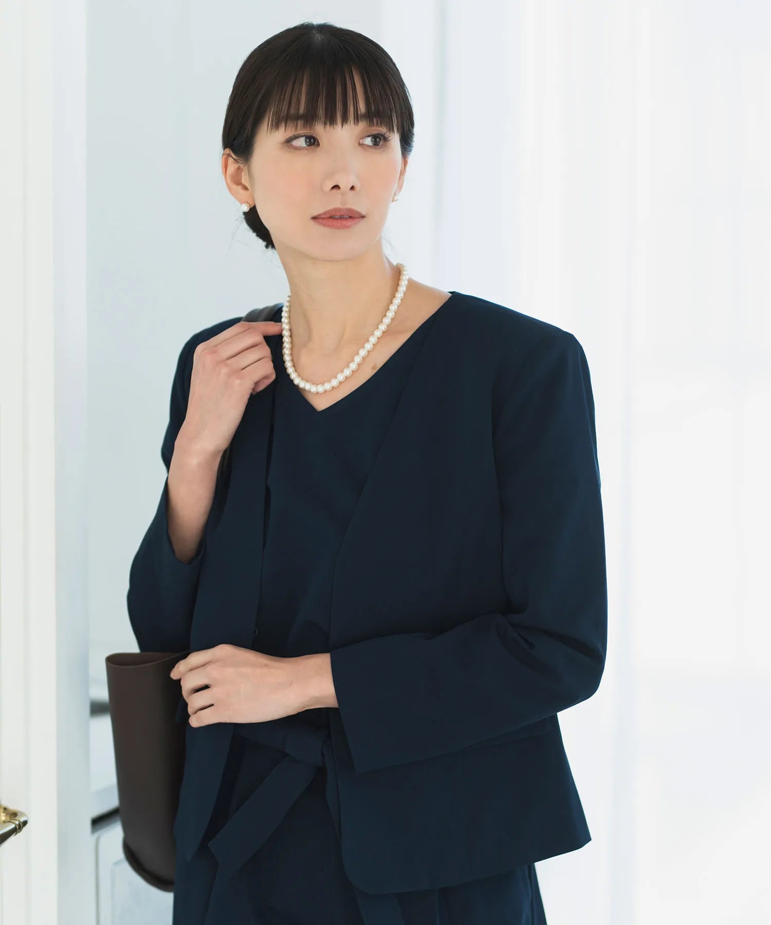 【3WAY/洗える/セレモニースーツ/セットアップ】半袖トップス付ノーカラージャケット・アンクル丈ストレートパンツ 3点セット