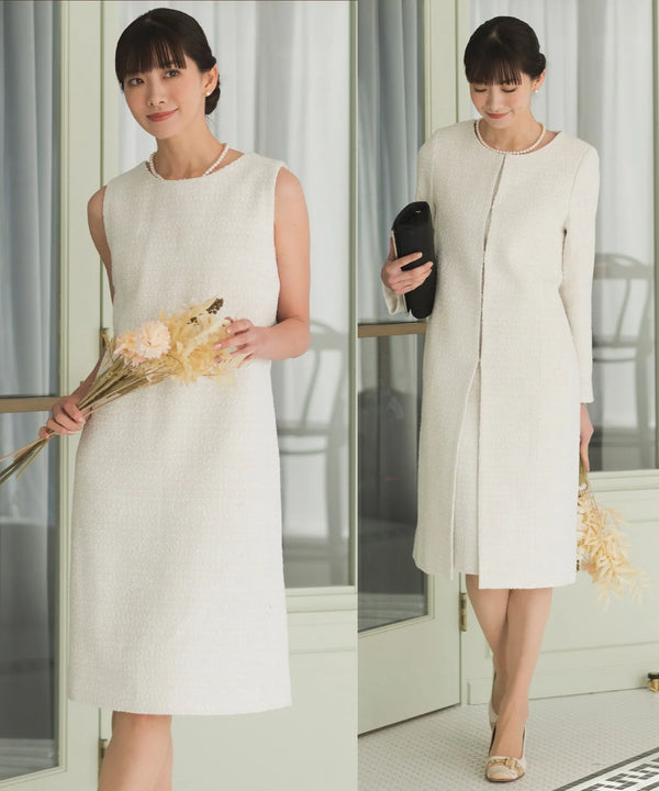 【洗える/セレモニースーツ/ママスーツ】煌めきツイードコート・ノースリーブワンピース 2点セット