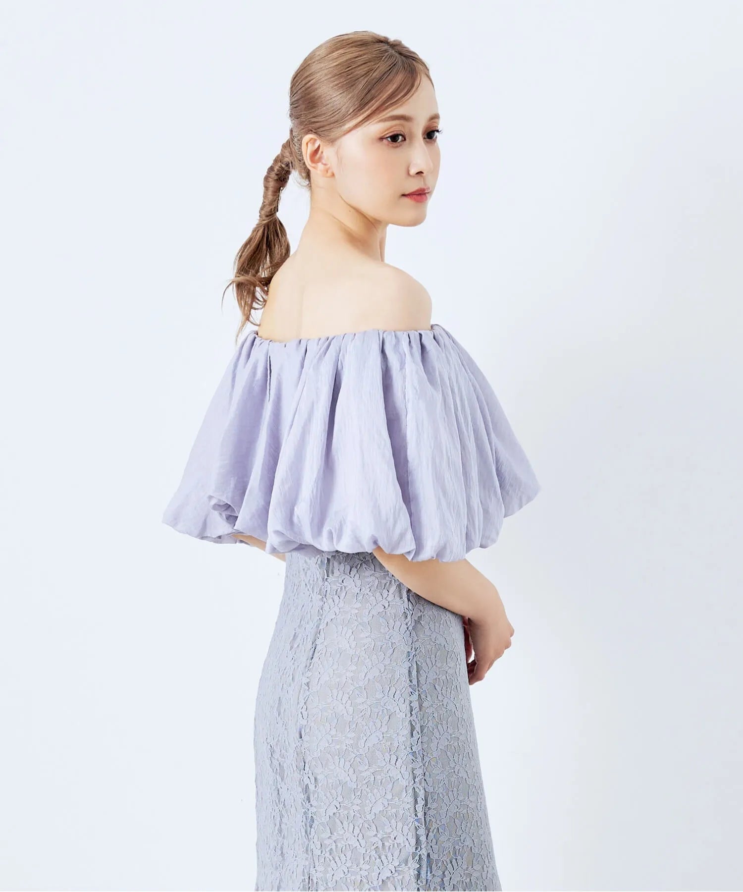 Ocean Blue Bird 波模様オフショルダードレス