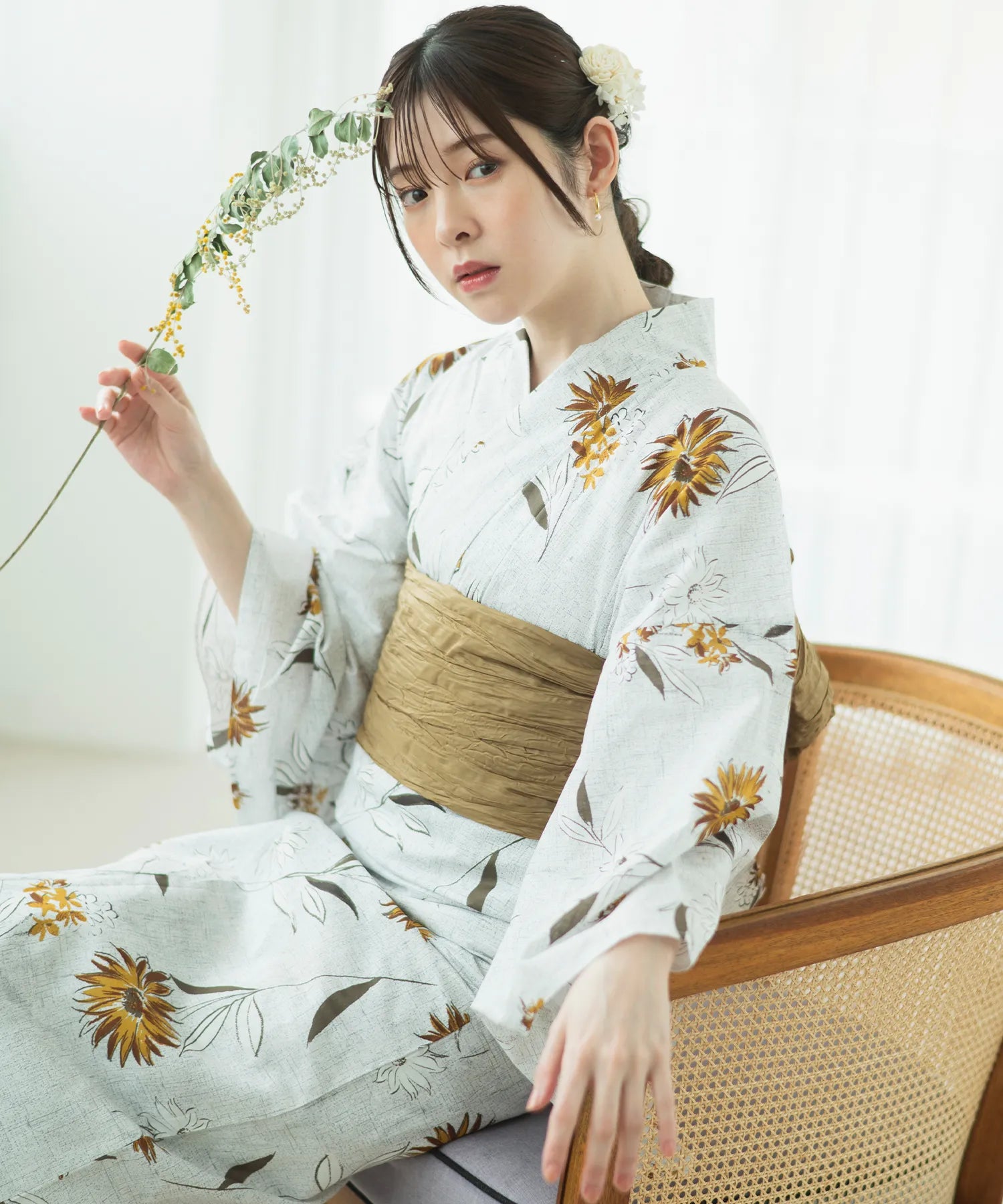 浴衣6点セット◇ひまわり浴衣✖️ブラウン半幅帯✖️天然石帯留✖️真田紐