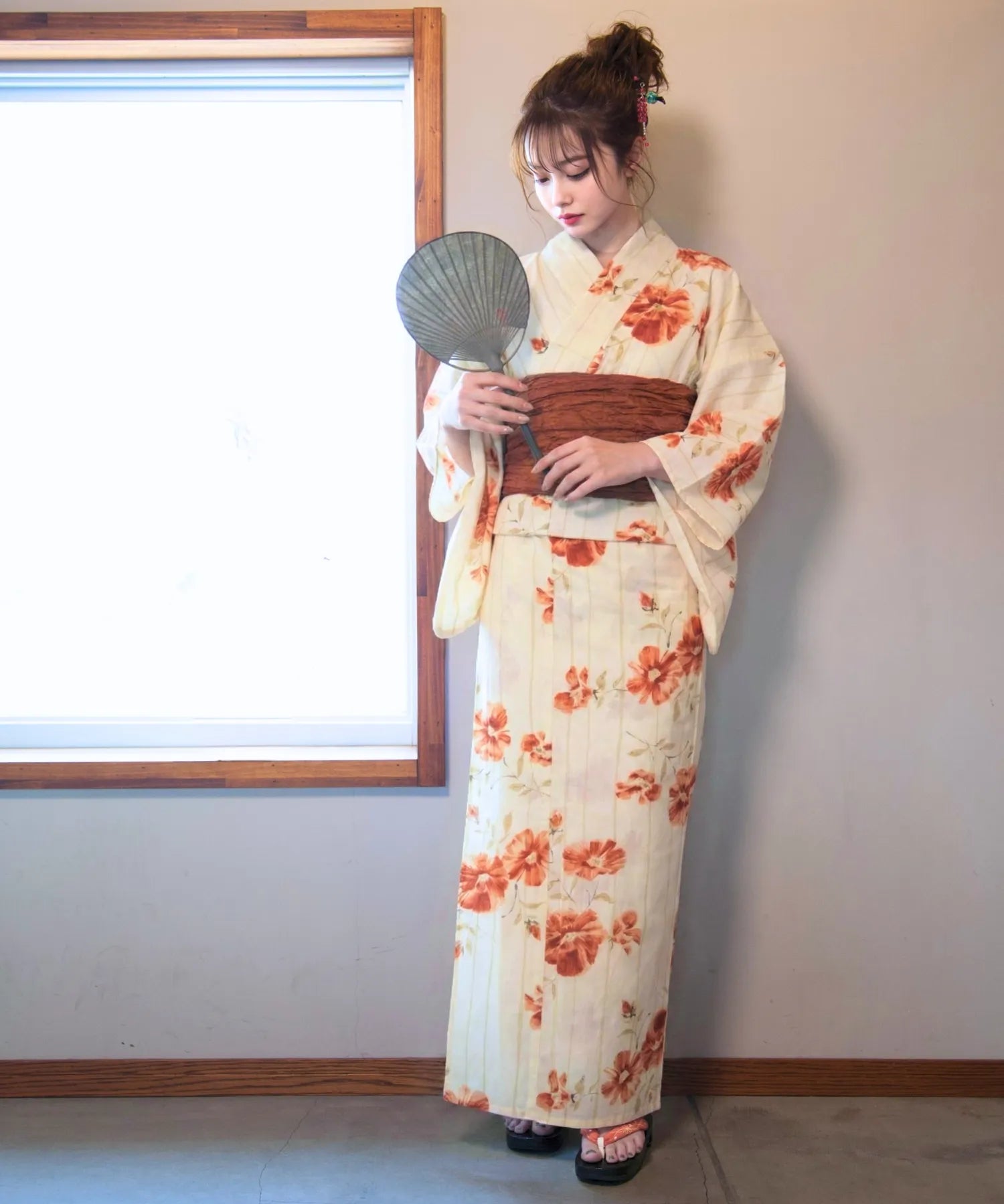 夏麗し浴衣 飴色椿 4点セット（浴衣・兵児帯・腰紐×2)