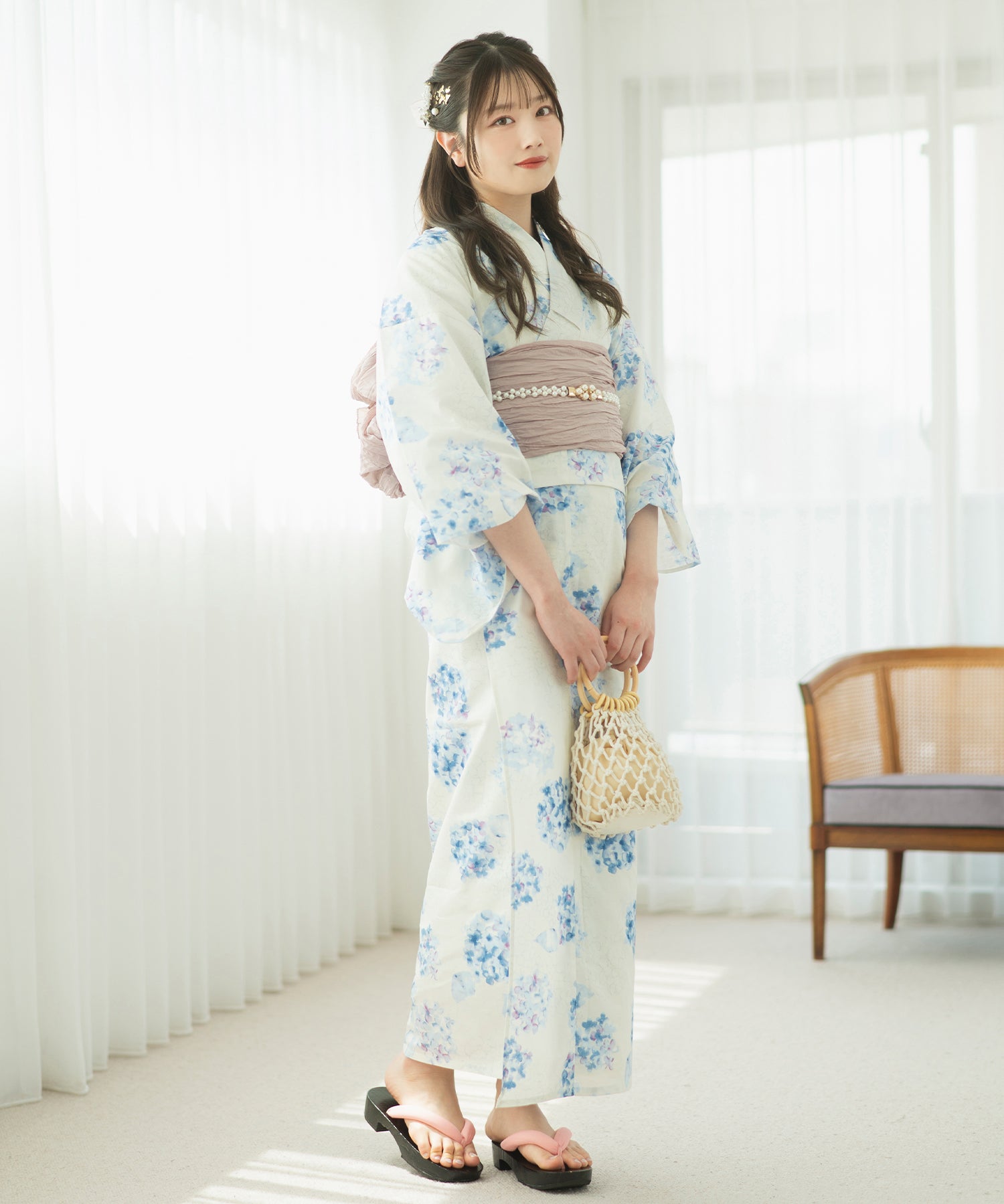 夏麗し浴衣 紫陽花の幻想 4点セット（浴衣・兵児帯・腰紐×2)