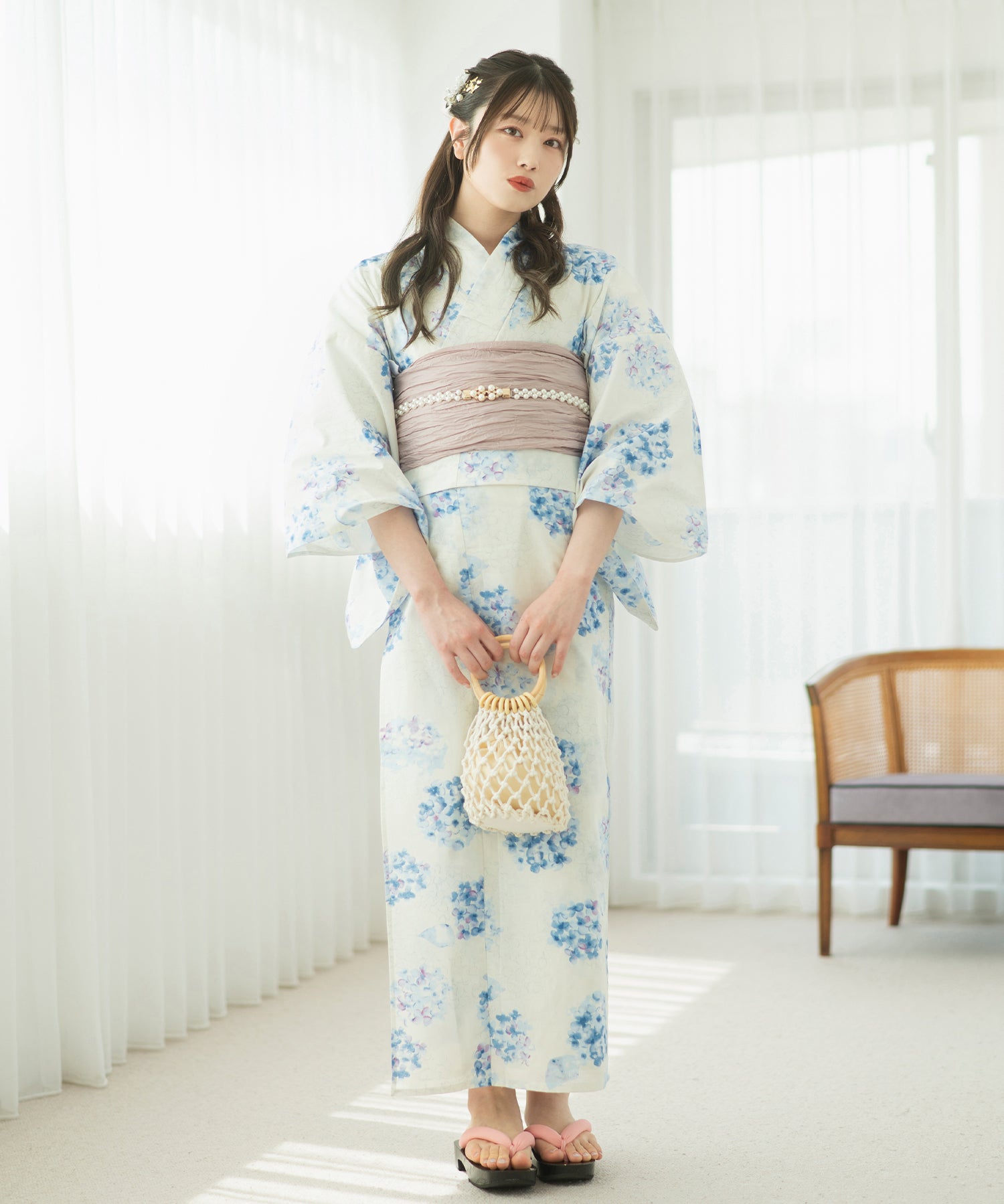夏麗し浴衣 紫陽花の幻想 4点セット（浴衣・兵児帯・腰紐×2)