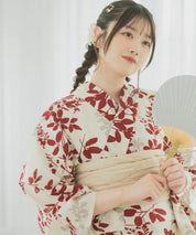 夏麗し浴衣 朱色の儚萩 4点セット（浴衣・兵児帯・腰紐×2)