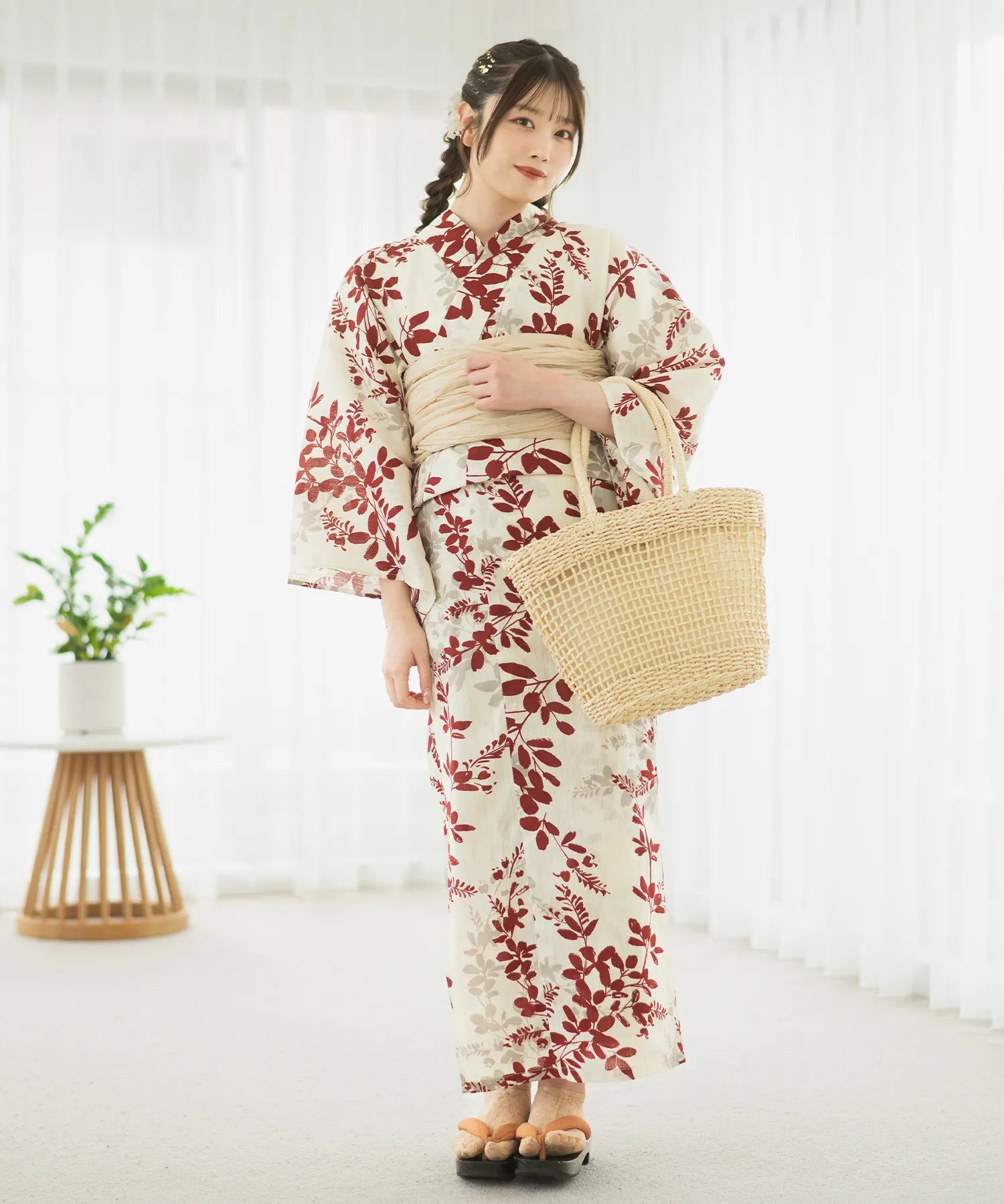 夏麗し浴衣 朱色の儚萩 4点セット（浴衣・兵児帯・腰紐×2)