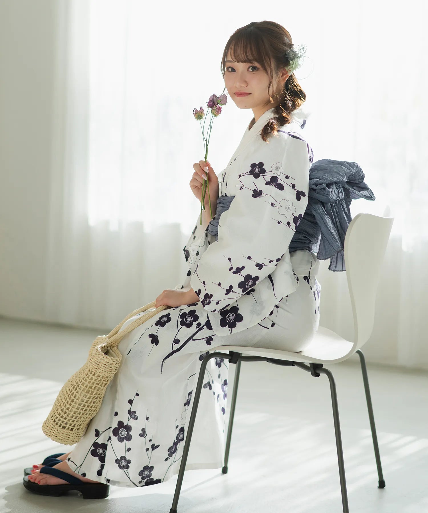 夏麗し浴衣 梅の花笑み 4点セット（浴衣・兵児帯・腰紐×2)