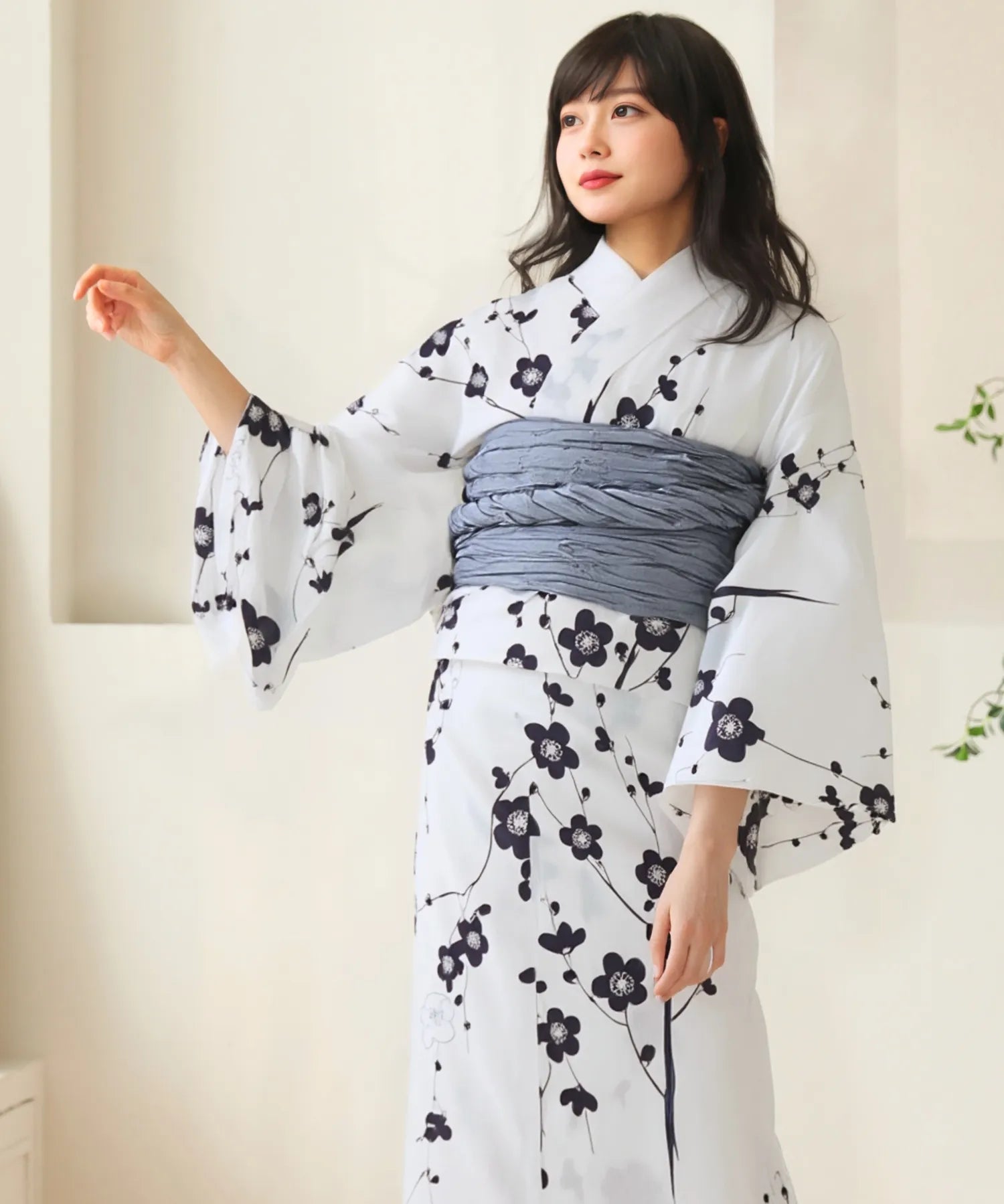 夏麗し浴衣 梅の花笑み 4点セット（浴衣・兵児帯・腰紐×2)