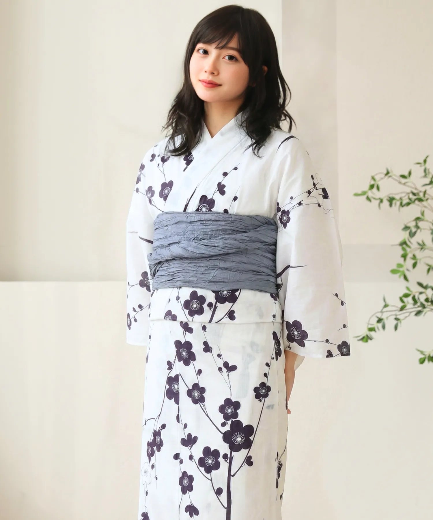 夏麗し浴衣 梅の花笑み 4点セット（浴衣・兵児帯・腰紐×2)
