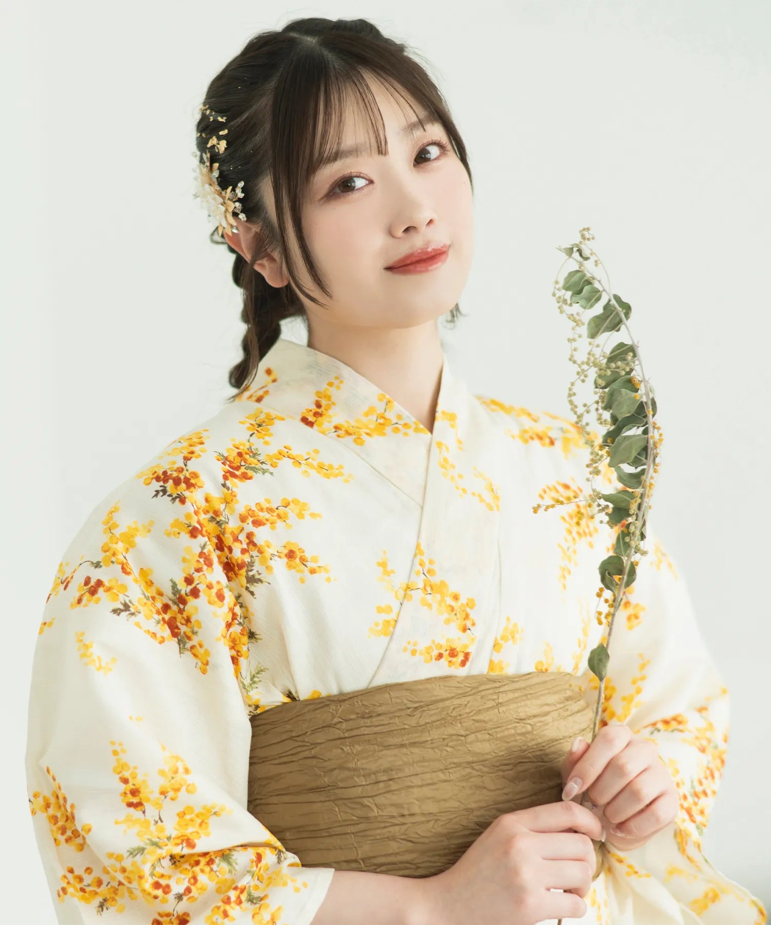 夏麗し浴衣 うららかミモザ 下駄付き5点セット(浴衣・兵児帯・腰紐×2・下駄)