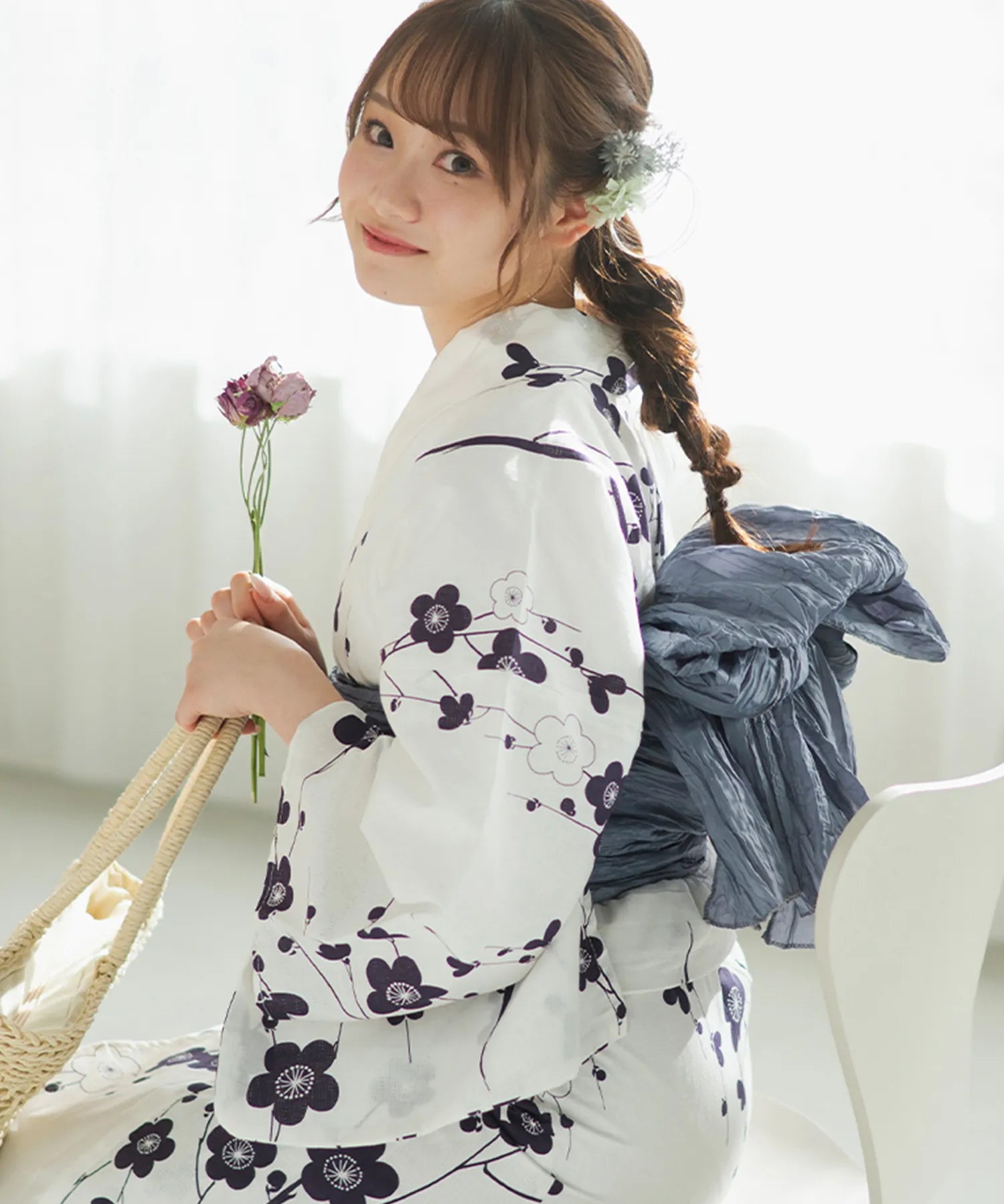 夏麗し浴衣 梅の花笑み 下駄付き5点セット(浴衣・兵児帯・腰紐×2・下駄)