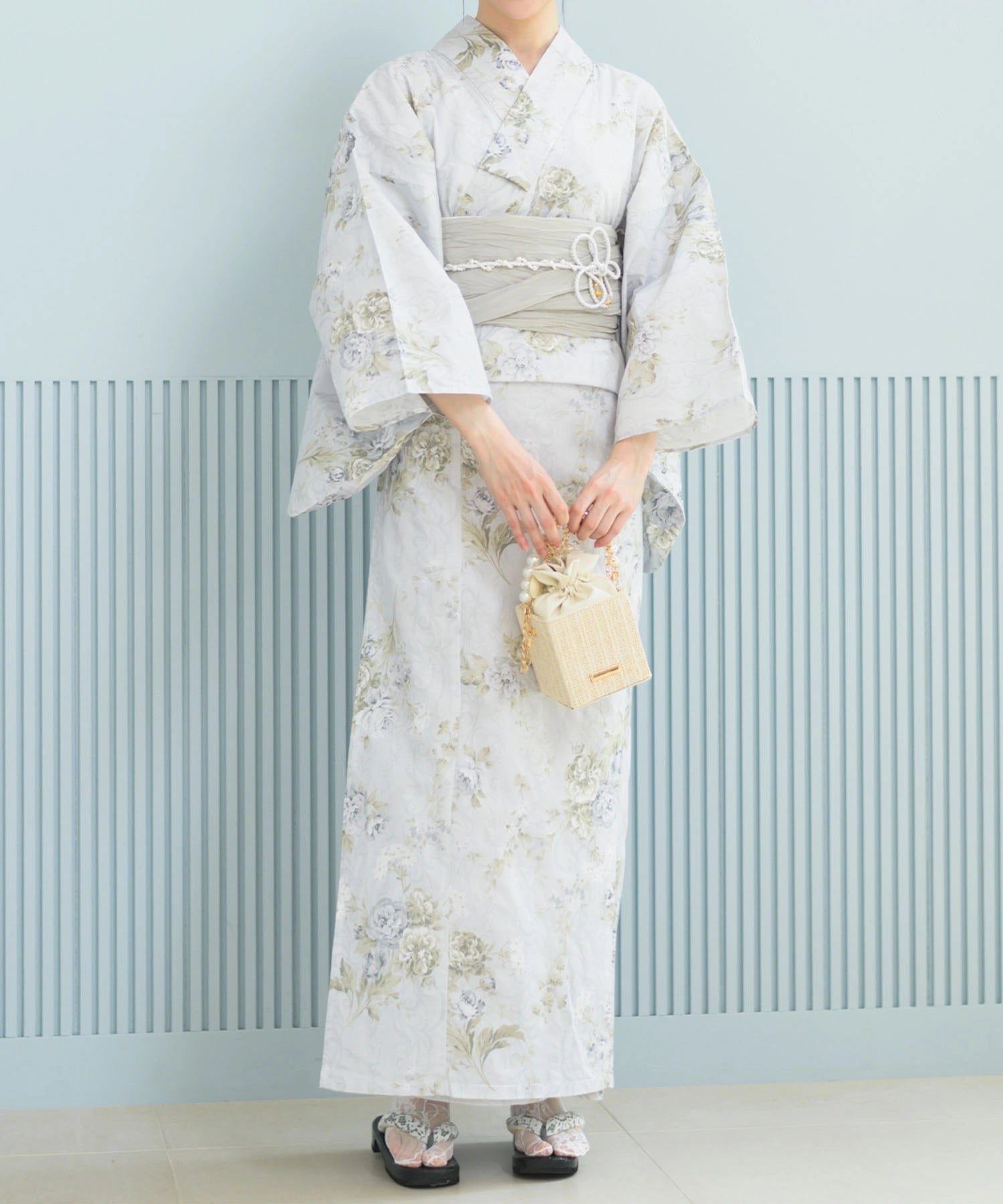 夏恋浴衣 ロココ調まったりミントミルク 下駄付き5点セット(浴衣・兵児帯・腰紐×2・下駄)