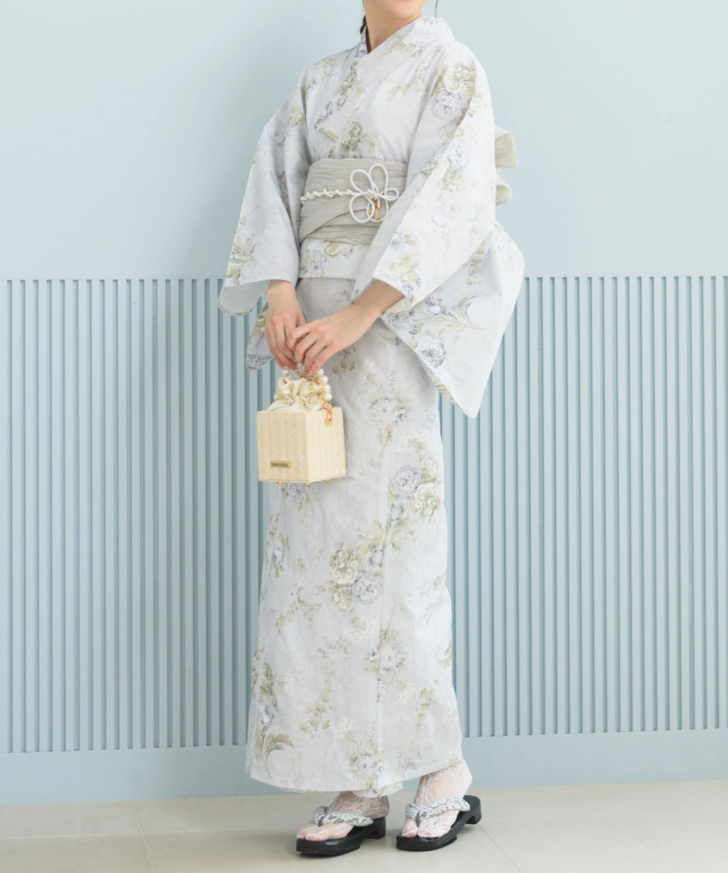 夏恋浴衣 ロココ調まったりミントミルク 下駄付き5点セット(浴衣・兵児帯・腰紐×2・下駄)
