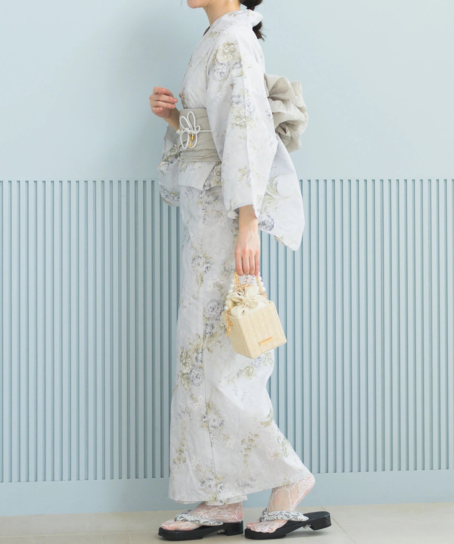 夏恋浴衣 ロココ調まったりミントミルク 下駄付き5点セット(浴衣・兵児帯・腰紐×2・下駄)