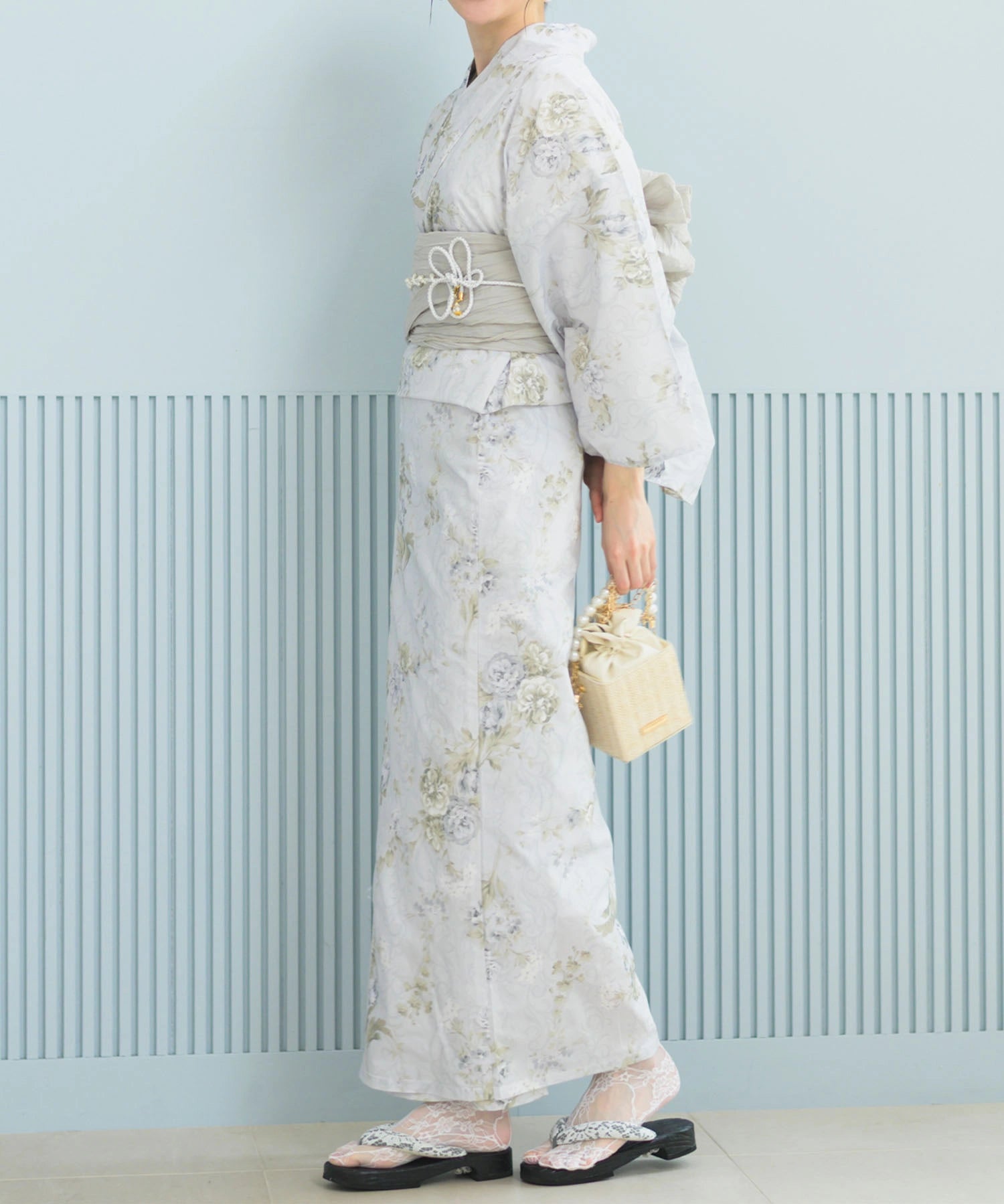 夏恋浴衣 ロココ調まったりミントミルク 下駄付き5点セット(浴衣・兵児帯・腰紐×2・下駄)