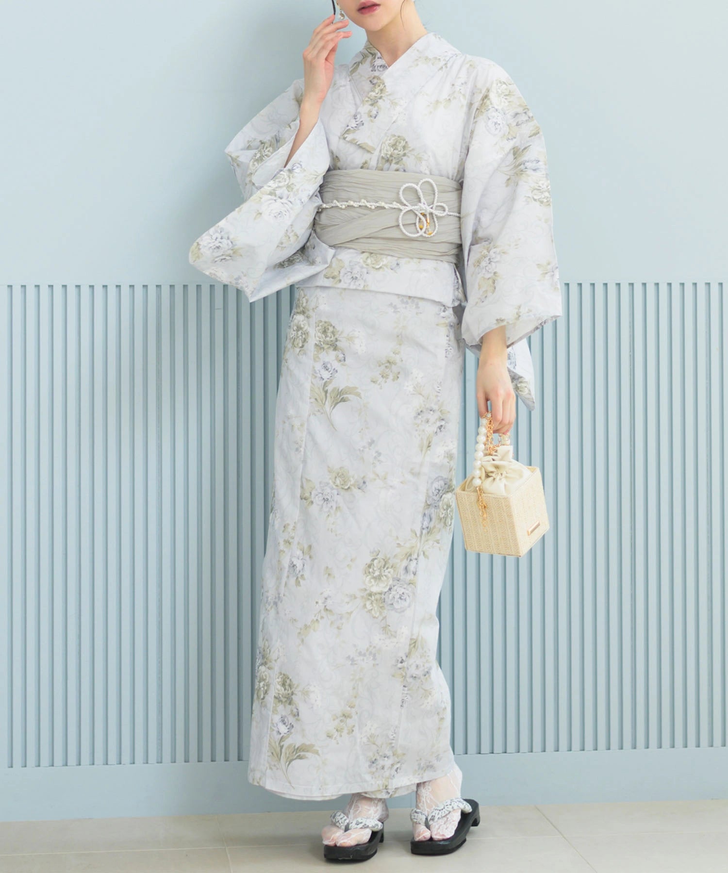 夏恋浴衣 ロココ調まったりミントミルク 下駄付き5点セット(浴衣・兵児帯・腰紐×2・下駄)