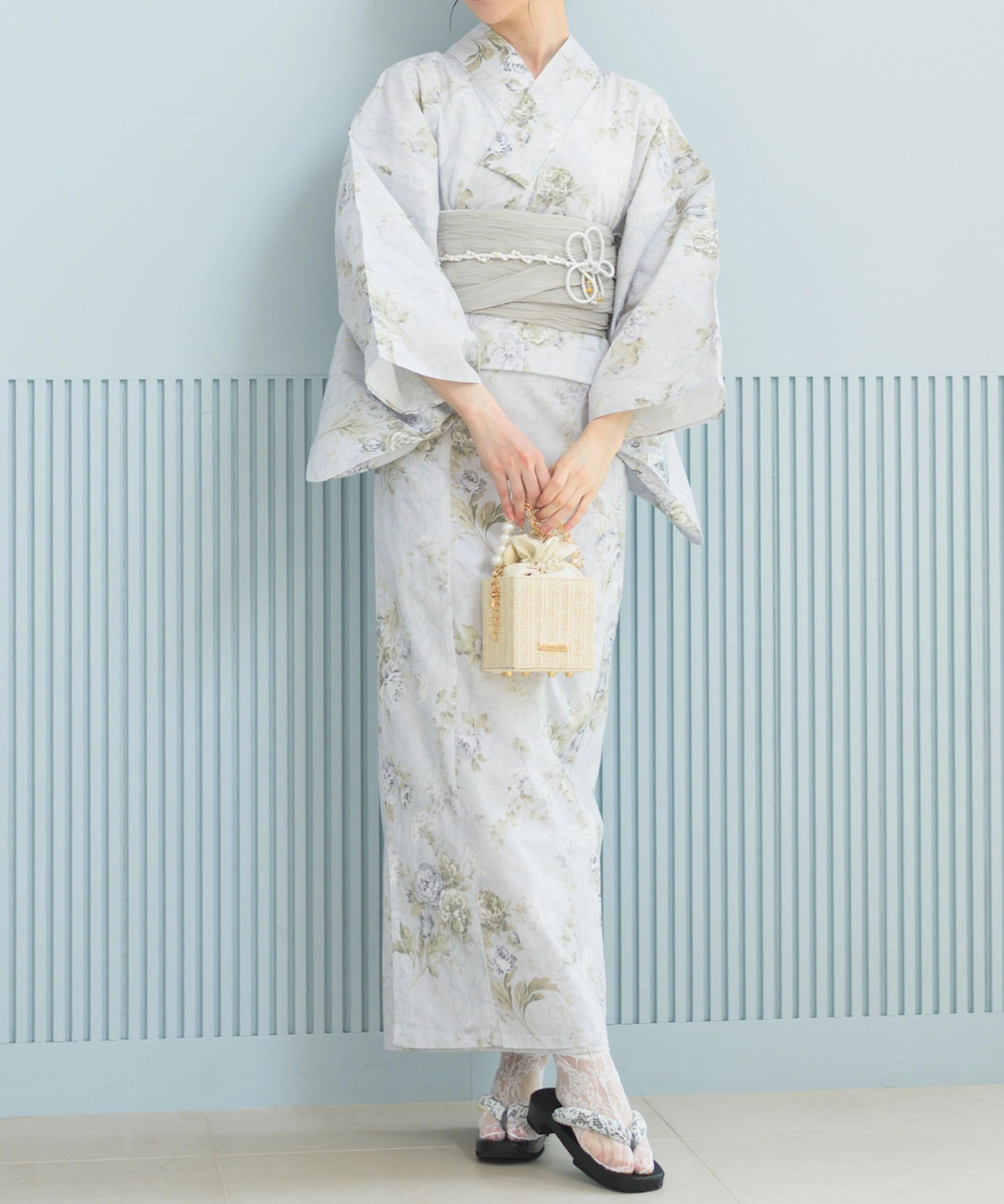 夏恋浴衣 ロココ調まったりミントミルク 下駄付き5点セット(浴衣・兵児帯・腰紐×2・下駄)