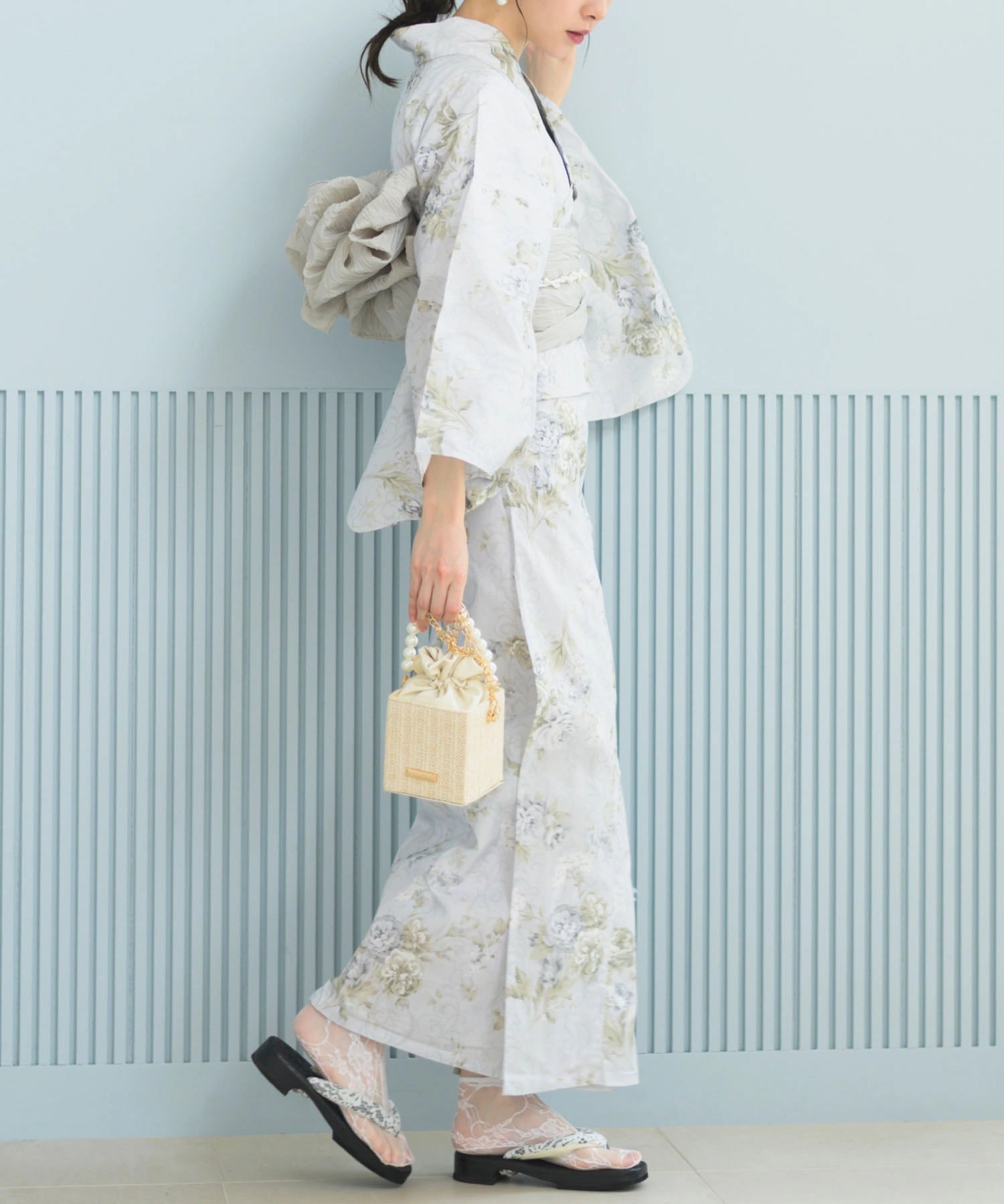 夏恋浴衣 ロココ調まったりミントミルク 下駄付き5点セット(浴衣・兵児帯・腰紐×2・下駄)