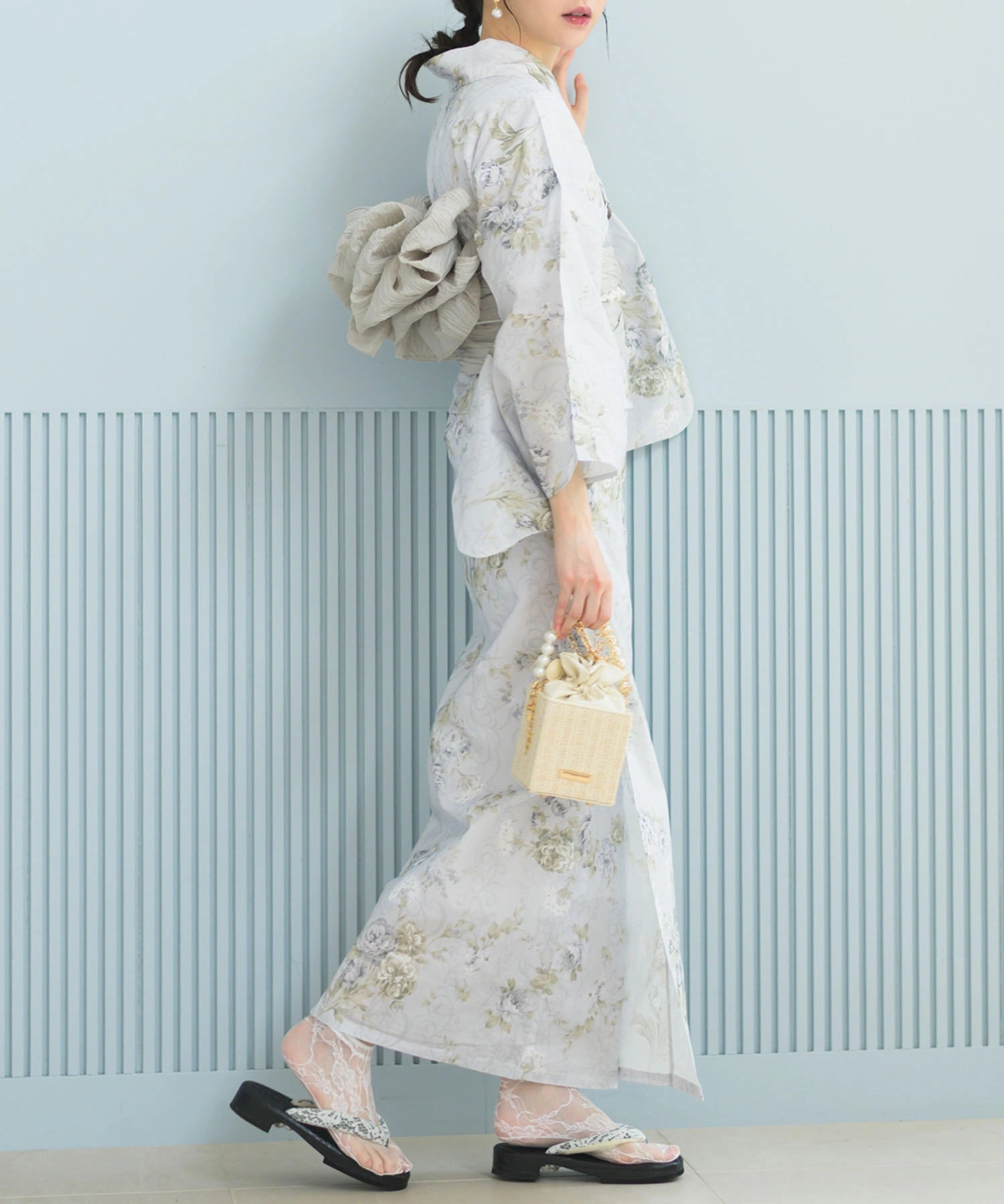 夏恋浴衣 ロココ調まったりミントミルク 下駄付き5点セット(浴衣・兵児帯・腰紐×2・下駄)