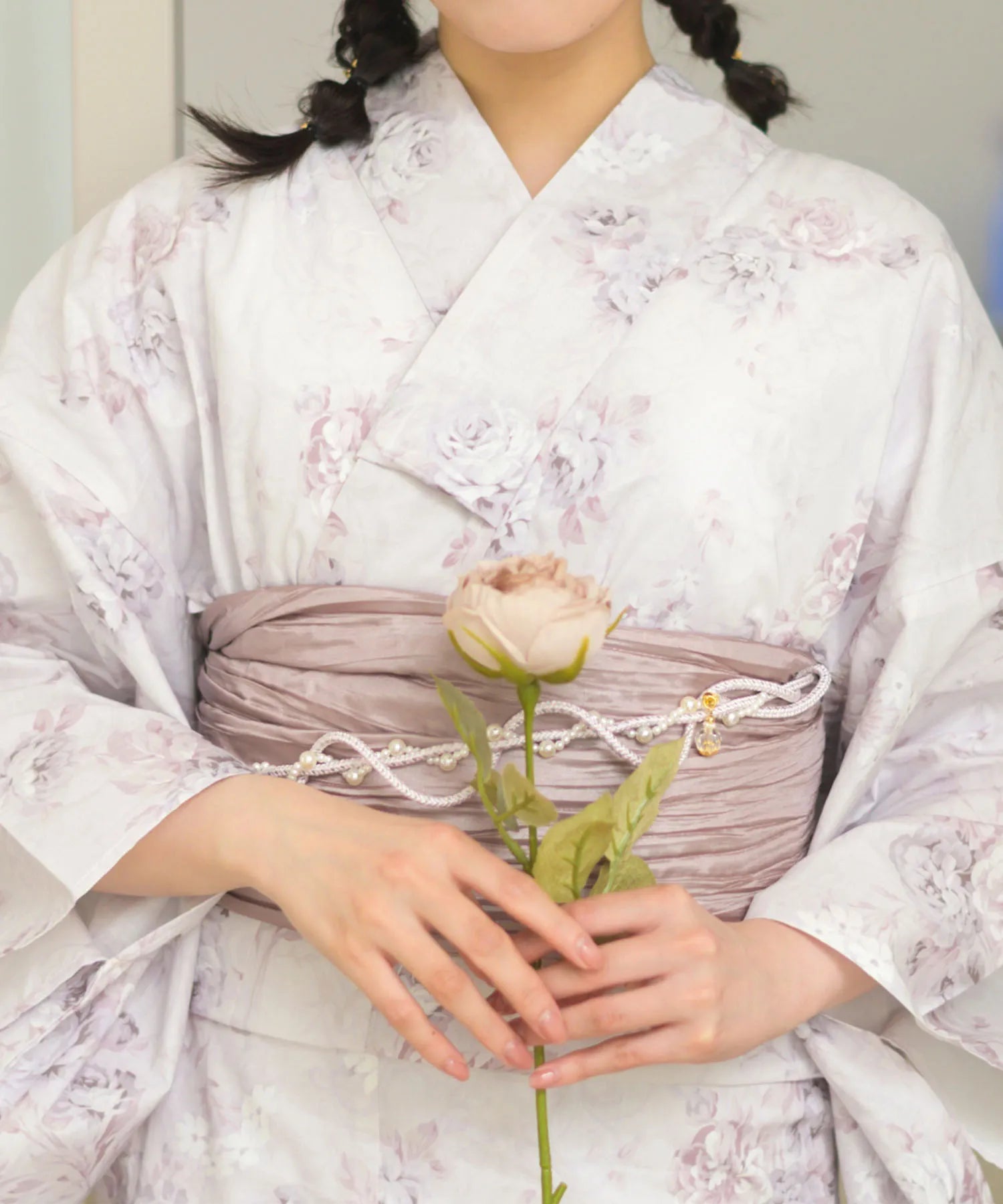 夏恋浴衣 ロココ調ほんわかローズミルク 4点セット(浴衣・兵児帯・腰紐×2)