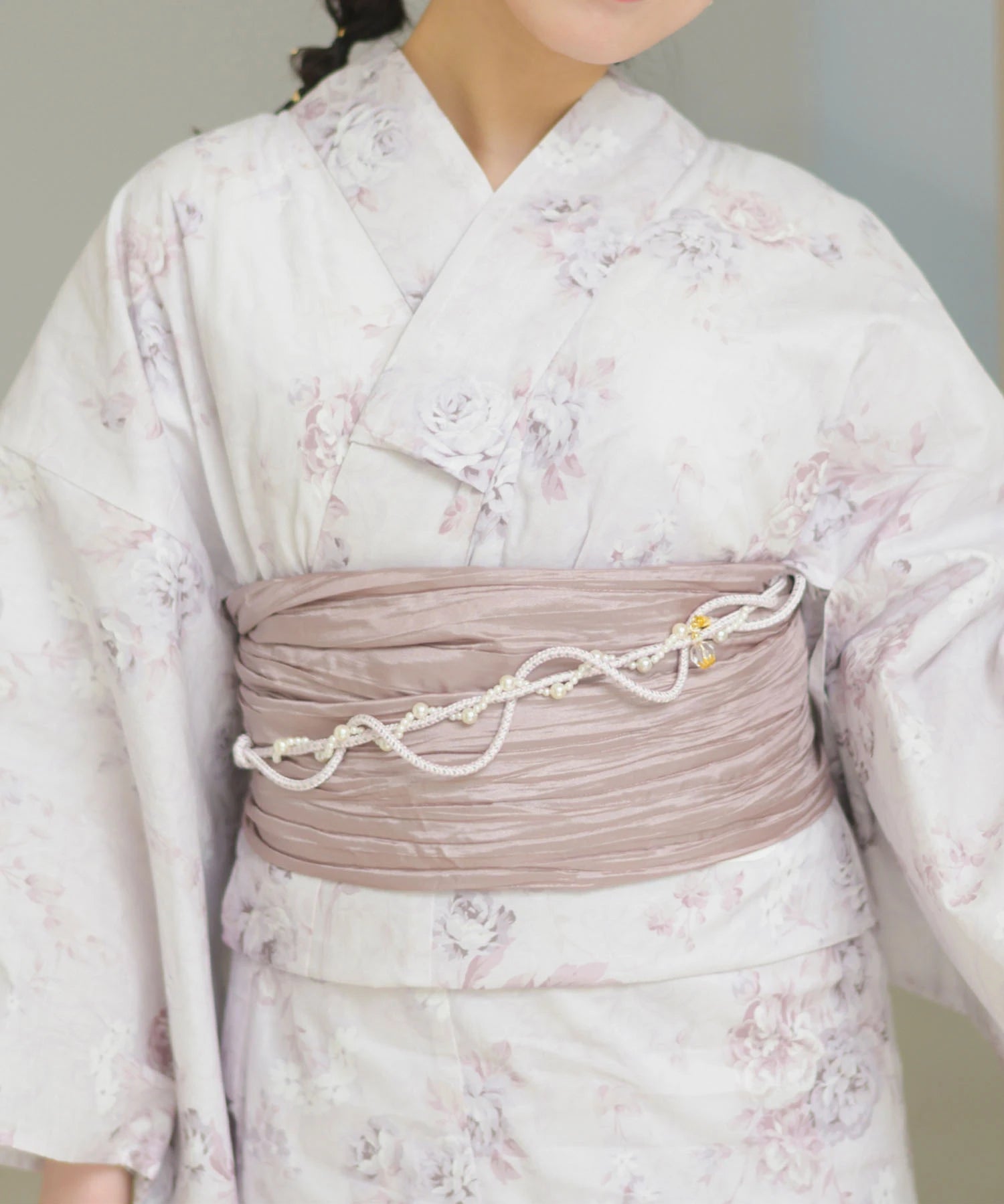 夏恋浴衣 ロココ調ほんわかローズミルク 4点セット(浴衣・兵児帯・腰紐×2)