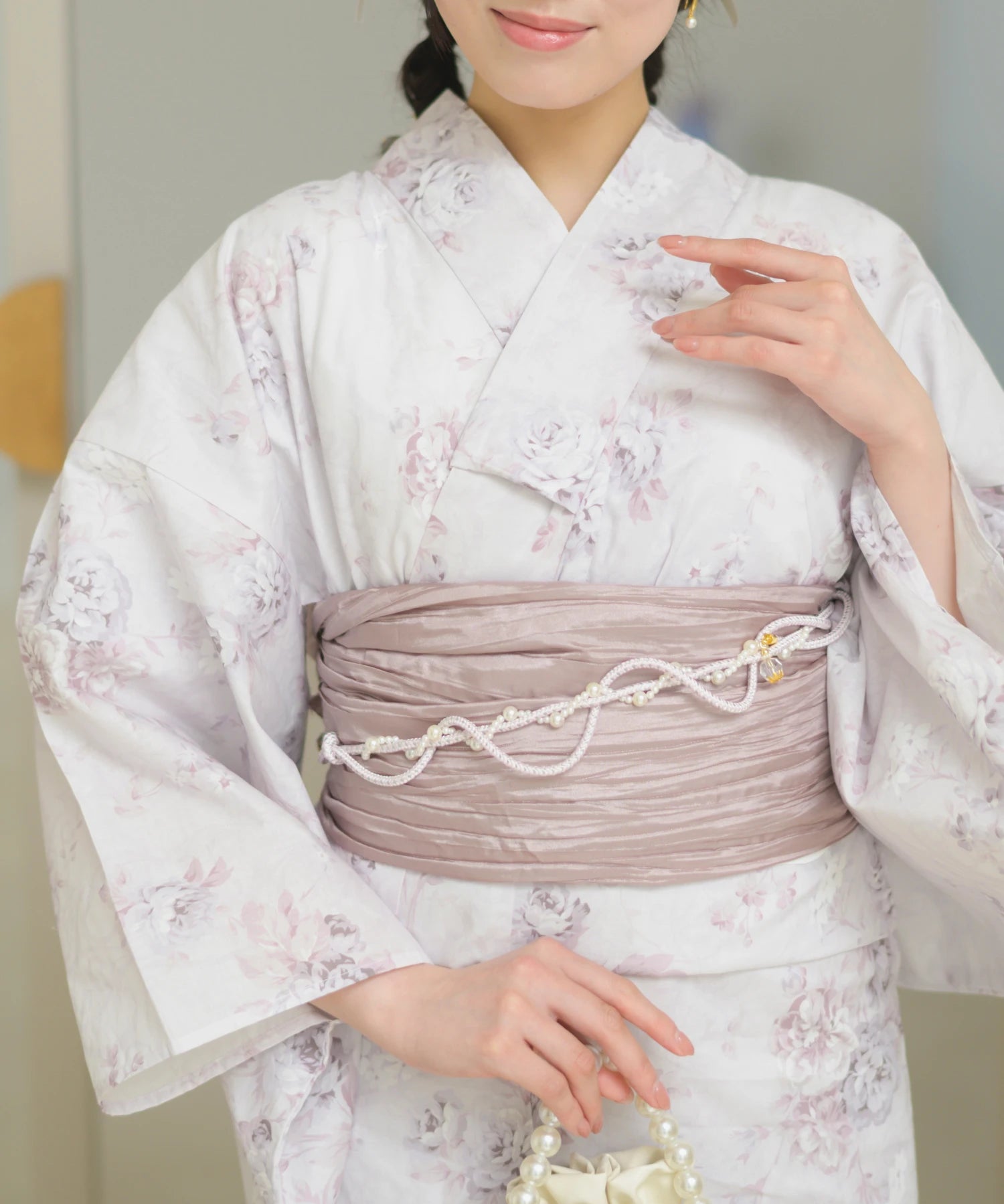 夏恋浴衣 ロココ調ほんわかローズミルク 4点セット(浴衣・兵児帯・腰紐×2)