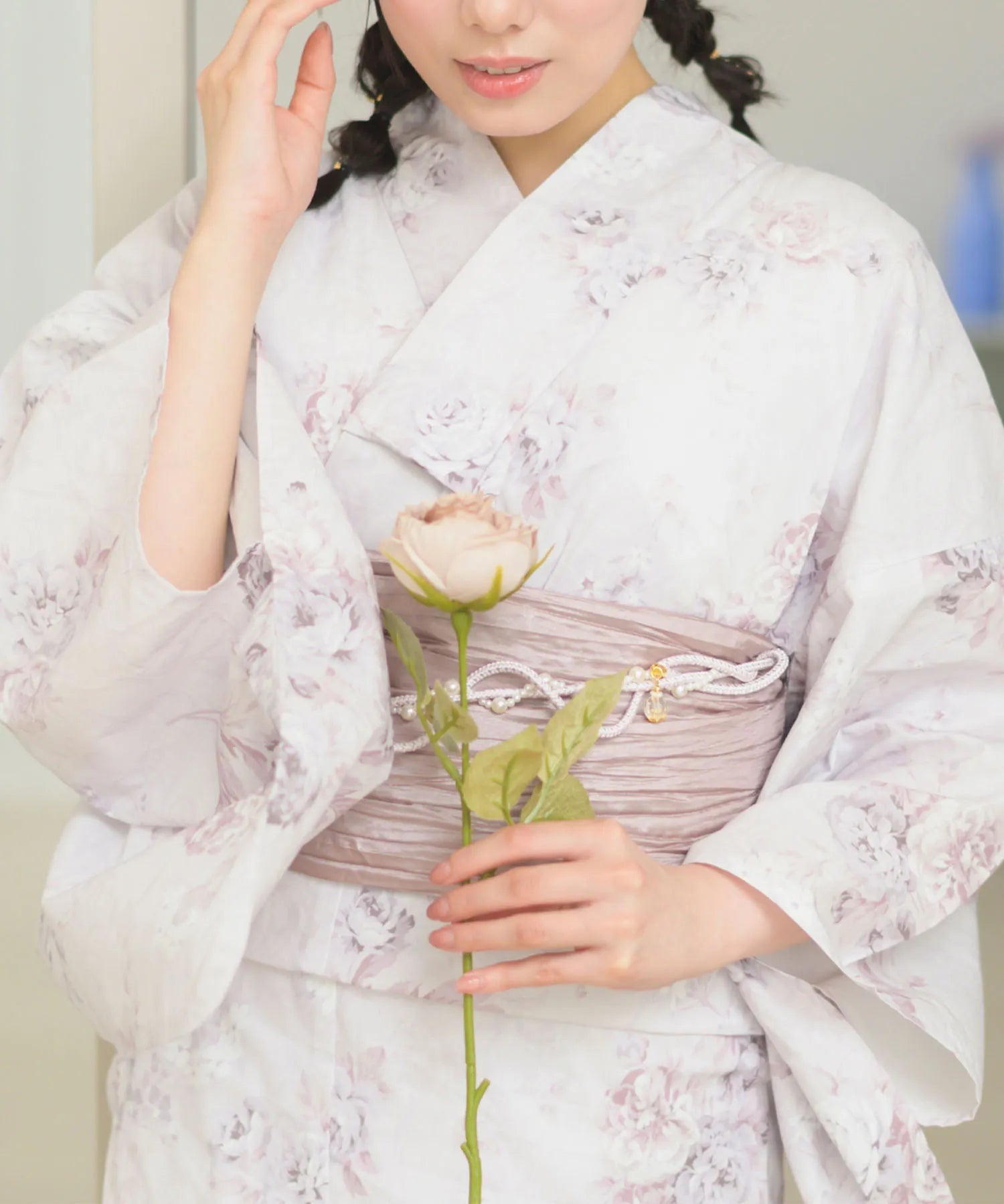 夏恋浴衣 ロココ調ほんわかローズミルク 4点セット(浴衣・兵児帯・腰紐×2)