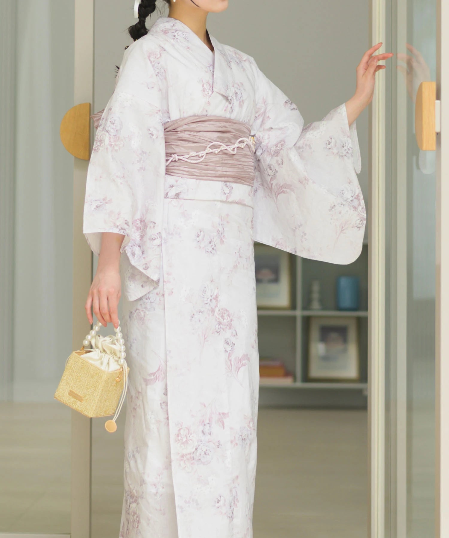 夏恋浴衣 ロココ調ほんわかローズミルク 4点セット(浴衣・兵児帯・腰紐×2)