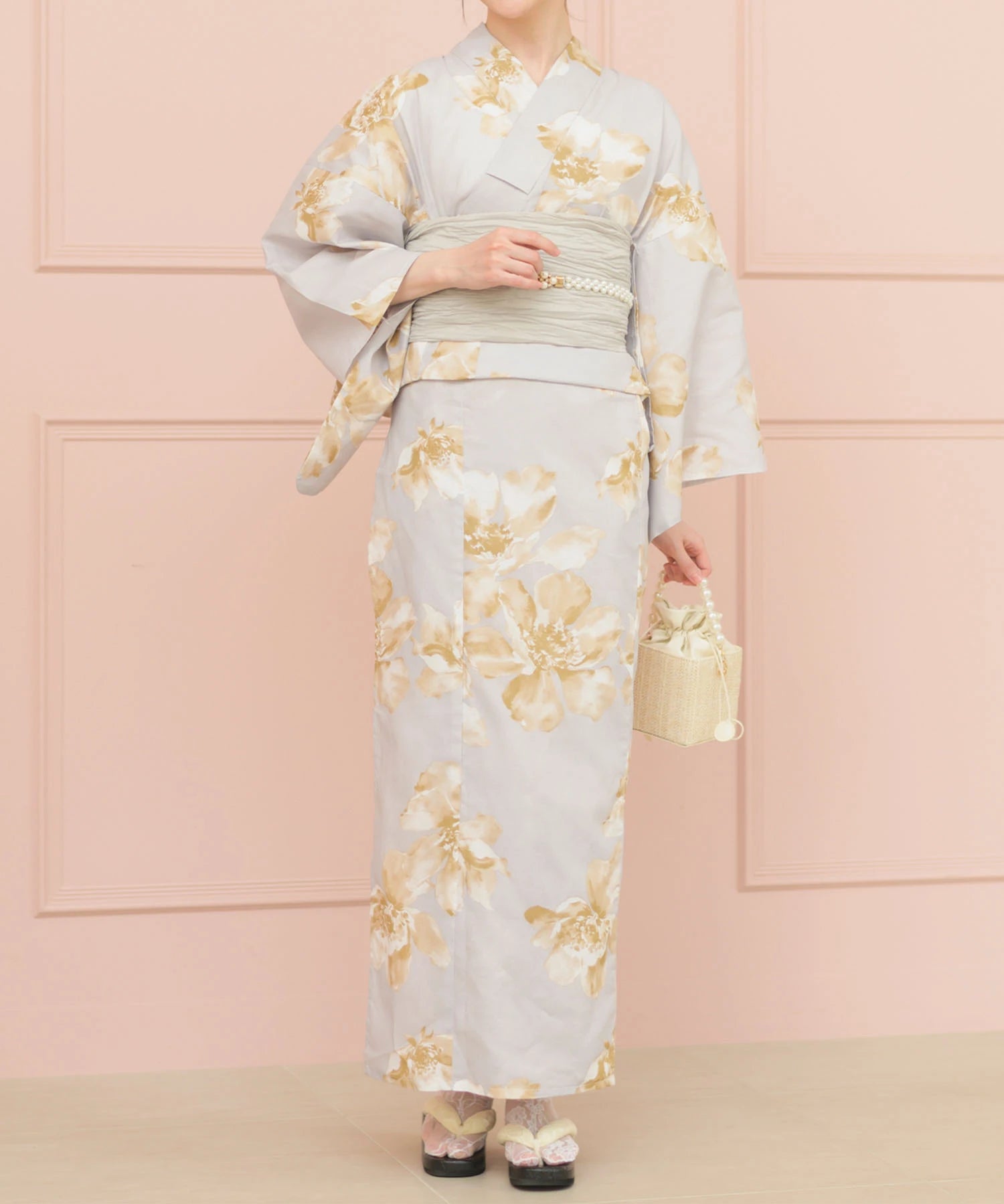 夏恋浴衣 ふわり淡花咲き 下駄付き5点セット(浴衣・兵児帯・腰紐×2・下駄)