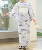 夏宵浴衣 花麗流れ 下駄付き5点セット(浴衣・兵児帯・腰紐×2・下駄)