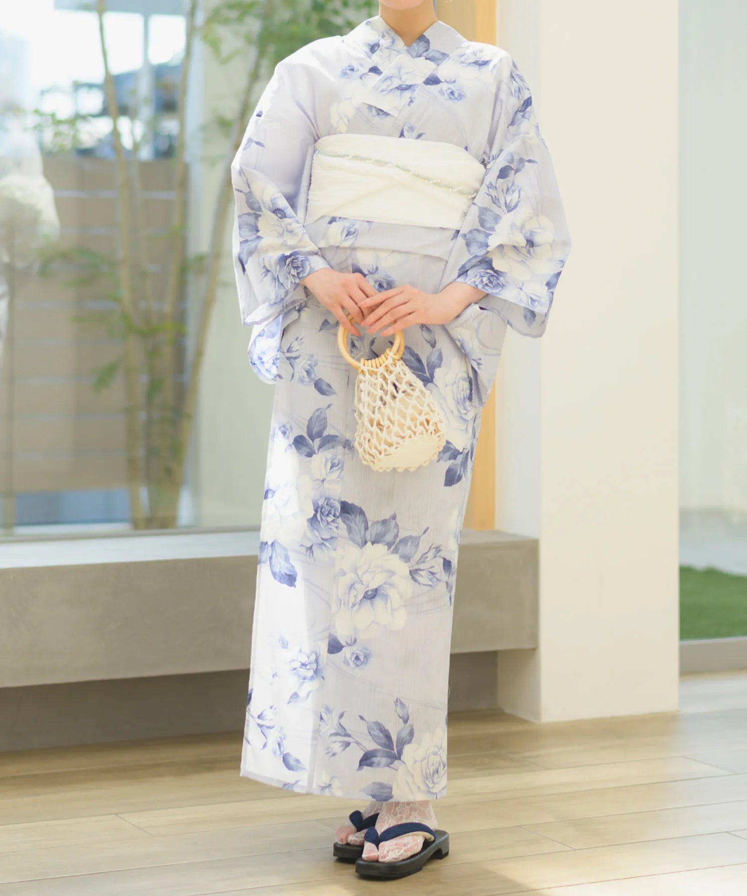 夏宵浴衣 花麗流れ 下駄付き5点セット(浴衣・兵児帯・腰紐×2・下駄)